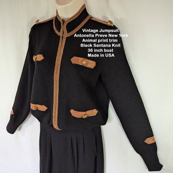 36" bust Jumpsuit Antonella Preve New York, Animal print, Black Santana VTG Knit - Picture 3 of 17